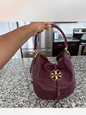 Tory Burch Burgundy Leather Hobo with Gold Logo Medallion